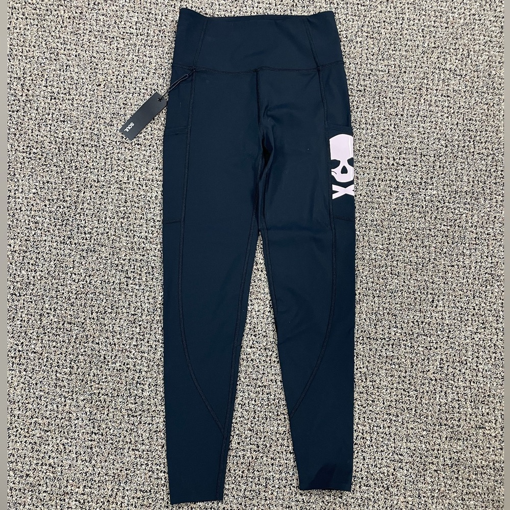NWT Soul by Soul Cycle Black Leggings Sz XS with Pockets with Skull Retail $88